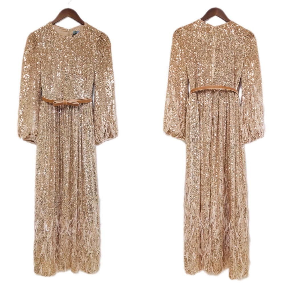 ANTONIO MELANI x Nicola Bathie Rose Gold Sequin Maxi Dress Feather Formal Size 2 - Picture 2 of 14